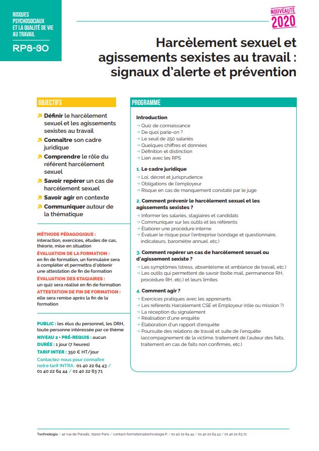 Harcèlement Sexuel Et Agissements Sexistes Au Travail Signaux Dalerte Et Prévention Technologia